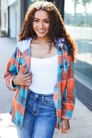 Stand Out Teal & Orange Plaid Fleece Hoodie Shacket - Coeur de la Mode