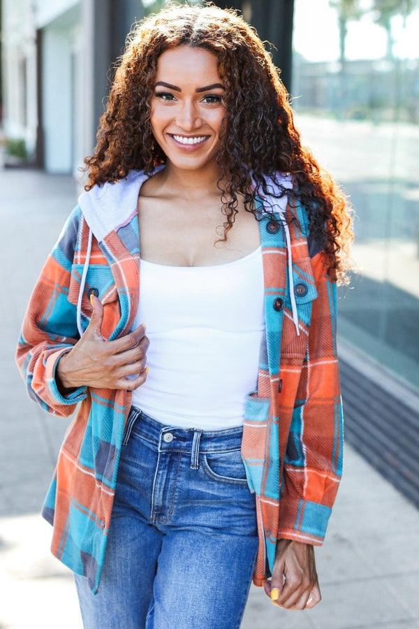 Stand Out Teal & Orange Plaid Fleece Hoodie Shacket - Coeur de la Mode