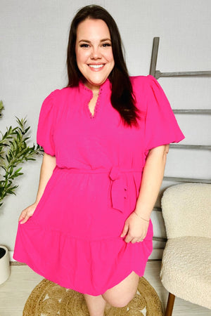 Star Struck Fuchsia Notched Neck Balloon Sleeve Sash Belt Mini Dress - Coeur de la Mode