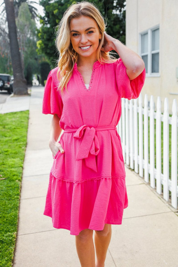 Star Struck Fuchsia Notched Neck Balloon Sleeve Sash Belt Mini Dress - Coeur de la Mode