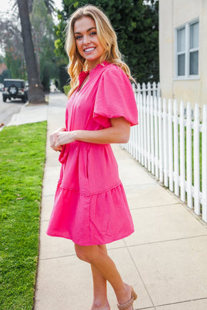Star Struck Fuchsia Notched Neck Balloon Sleeve Sash Belt Mini Dress - Coeur de la Mode