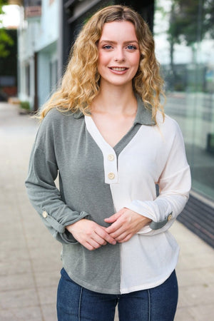 Start Your Day Olive Half & Half Collared Notched Neck Top - Coeur de la Mode