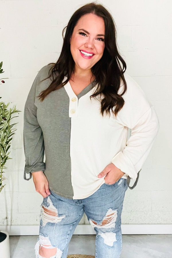 Start Your Day Olive Half & Half Collared Notched Neck Top - Coeur de la Mode