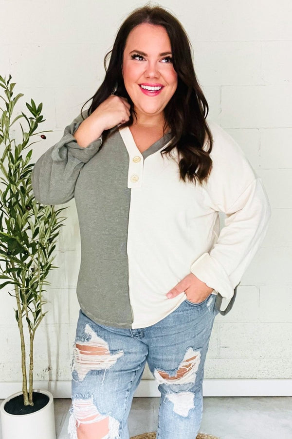 Start Your Day Olive Half & Half Collared Notched Neck Top - Coeur de la Mode