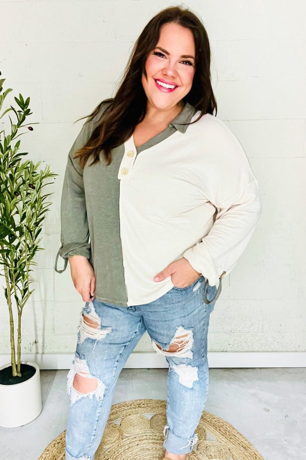 Start Your Day Olive Half & Half Collared Notched Neck Top - Coeur de la Mode