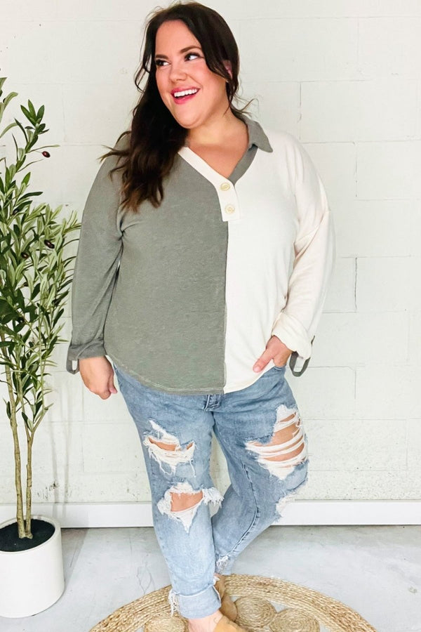 Start Your Day Olive Half & Half Collared Notched Neck Top - Coeur de la Mode