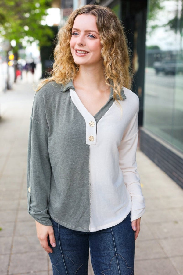 Start Your Day Olive Half & Half Collared Notched Neck Top - Coeur de la Mode