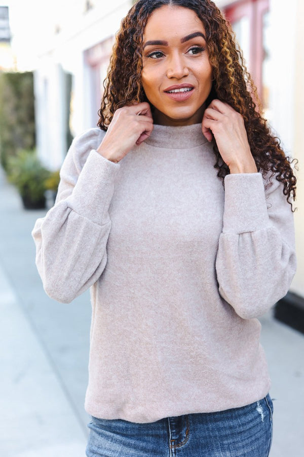 Stay Awhile Taupe Brushed Melange Puff Short Sleeve Sweater - Coeur de la Mode