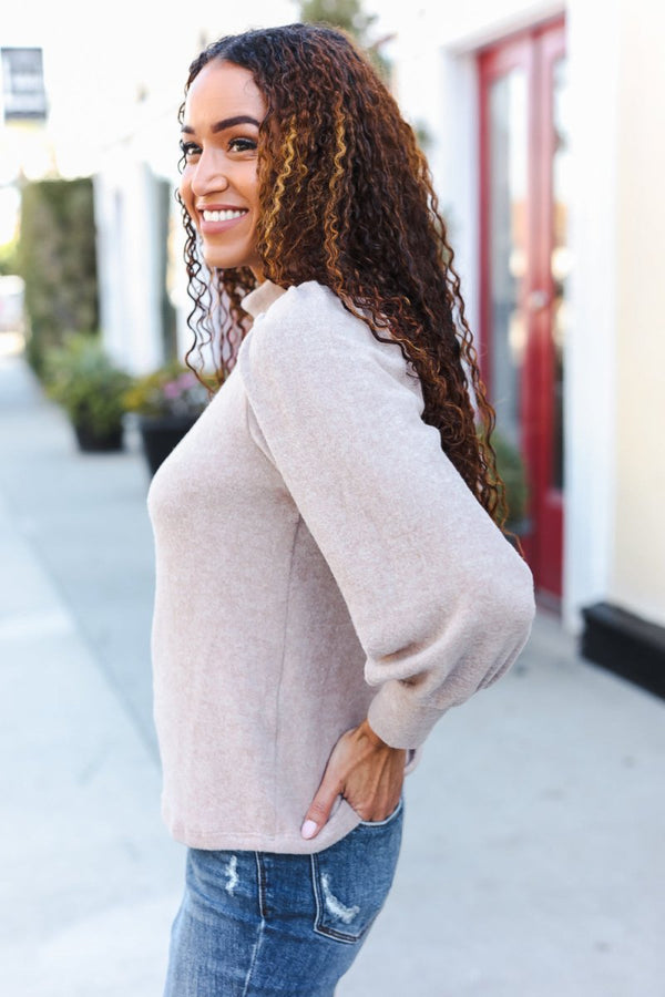 Stay Awhile Taupe Brushed Melange Puff Short Sleeve Sweater - Coeur de la Mode