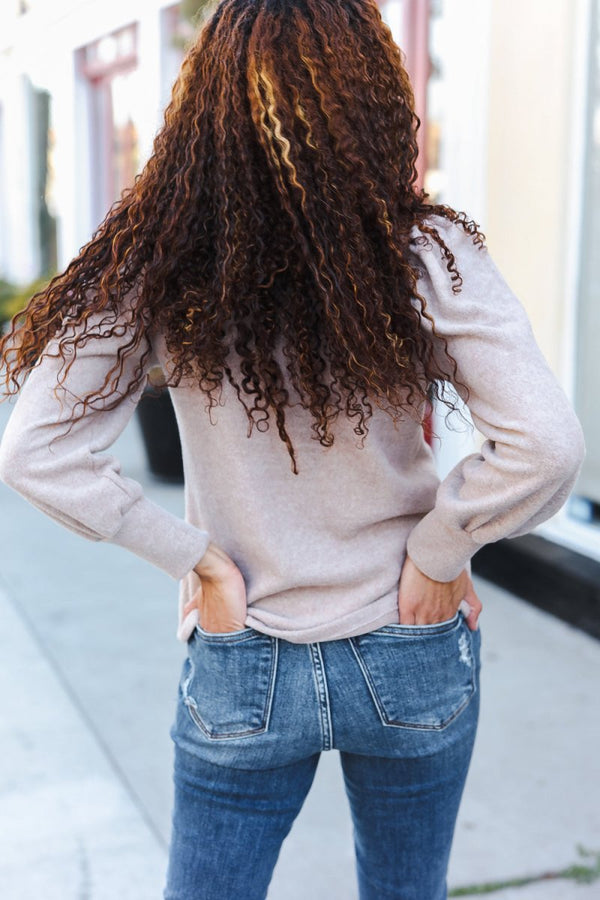 Stay Awhile Taupe Brushed Melange Puff Short Sleeve Sweater - Coeur de la Mode