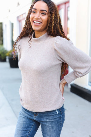Stay Awhile Taupe Brushed Melange Puff Short Sleeve Sweater - Coeur de la Mode