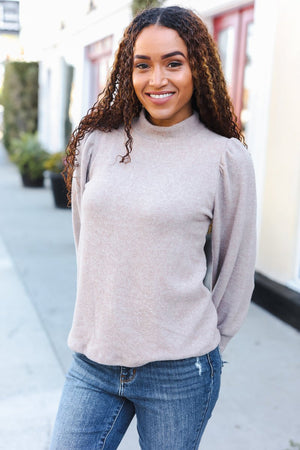 Stay Awhile Taupe Brushed Melange Puff Short Sleeve Sweater - Coeur de la Mode