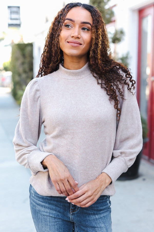 Stay Awhile Taupe Brushed Melange Puff Short Sleeve Sweater - Coeur de la Mode
