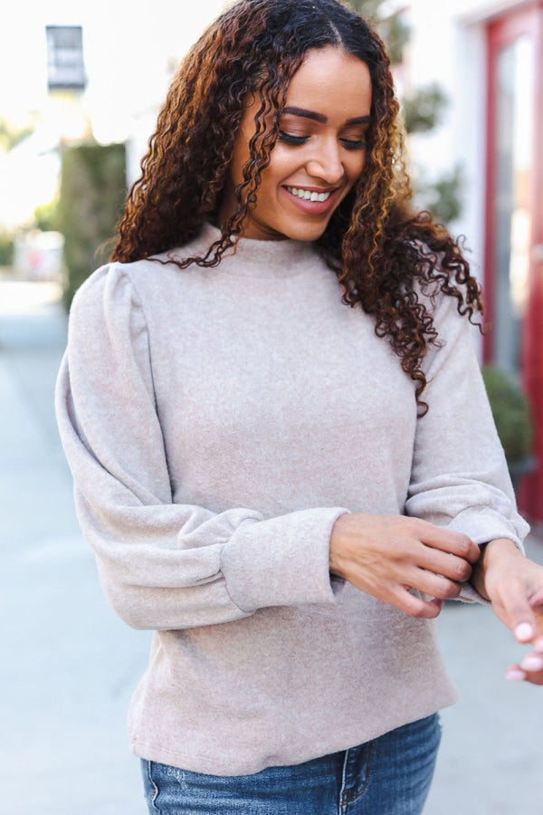 Stay Awhile Taupe Brushed Melange Puff Short Sleeve Sweater - Coeur de la Mode