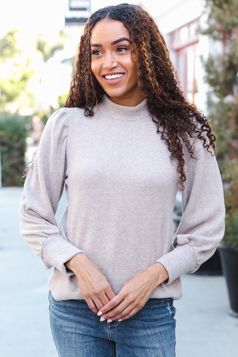 Stay Awhile Taupe Brushed Melange Puff Short Sleeve Sweater - Coeur de la Mode