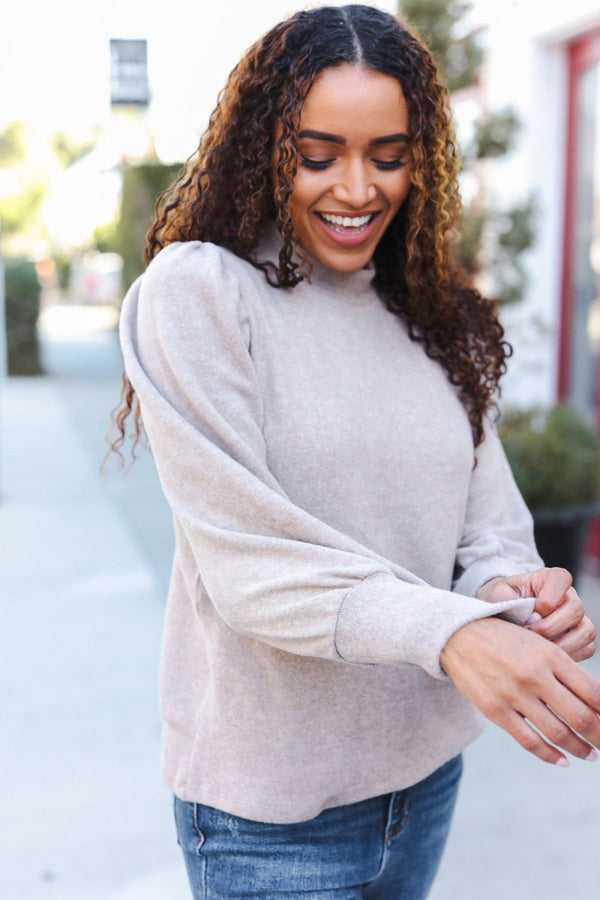 Stay Awhile Taupe Brushed Melange Puff Short Sleeve Sweater - Coeur de la Mode