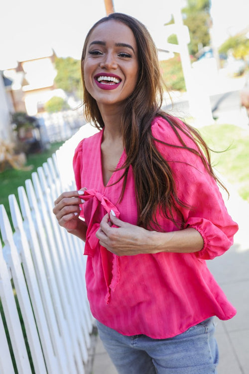 Stay With Me Pink V Neck Ribbon Bow Babydoll Woven Blouse - Coeur de la Mode