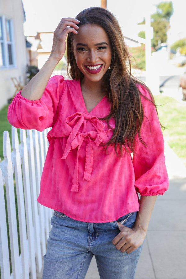 Stay With Me Pink V Neck Ribbon Bow Babydoll Woven Blouse - Coeur de la Mode