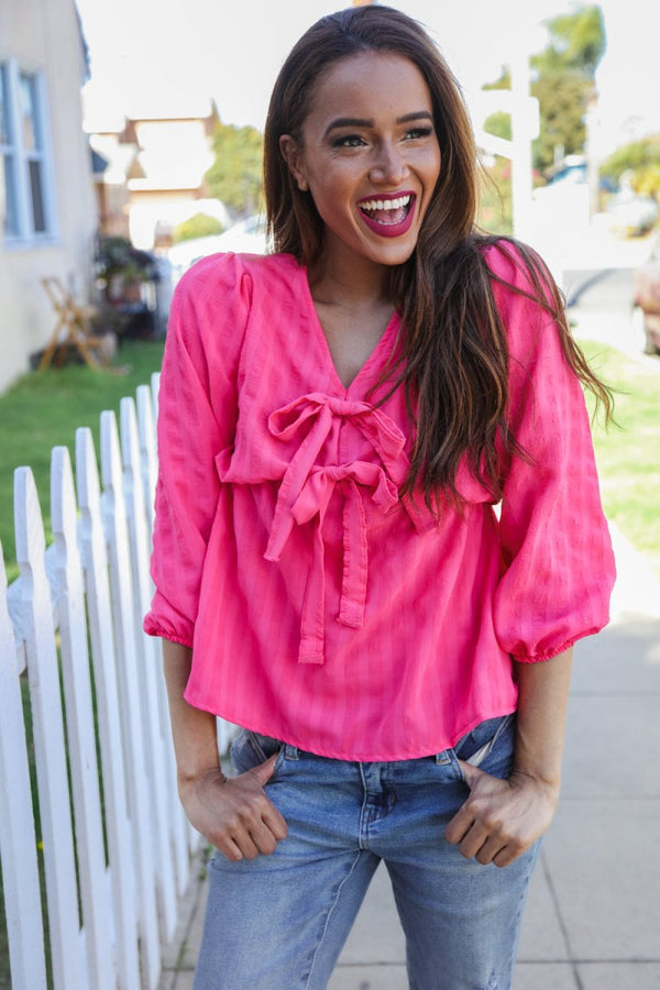 Stay With Me Pink V Neck Ribbon Bow Babydoll Woven Blouse - Coeur de la Mode