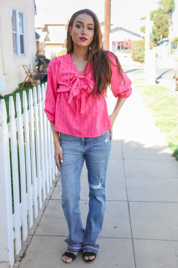 Stay With Me Pink V Neck Ribbon Bow Babydoll Woven Blouse - Coeur de la Mode
