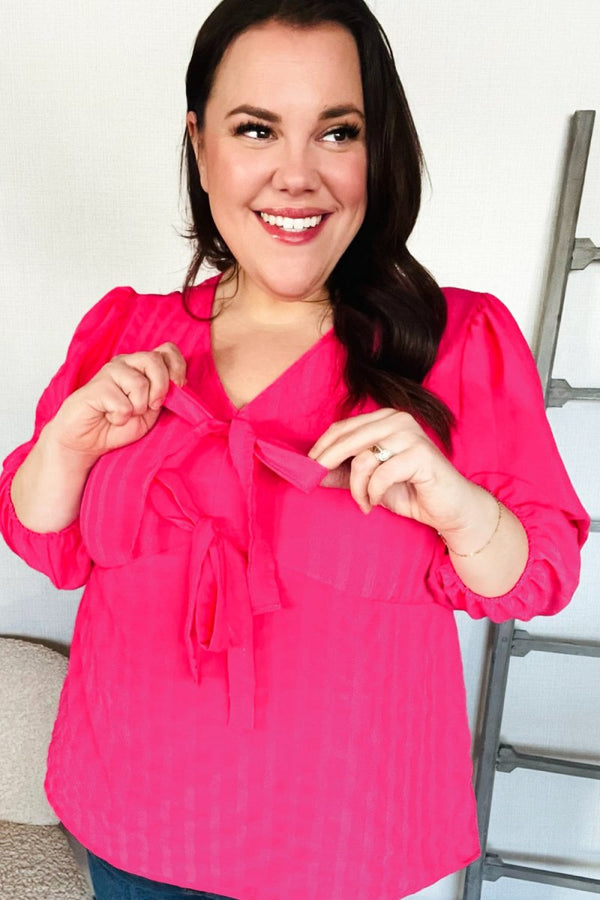 Stay With Me Pink V Neck Ribbon Bow Babydoll Woven Blouse - Coeur de la Mode