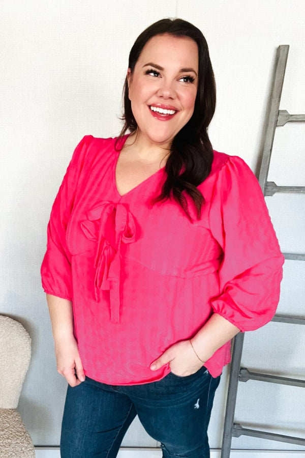 Stay With Me Pink V Neck Ribbon Bow Babydoll Woven Blouse - Coeur de la Mode