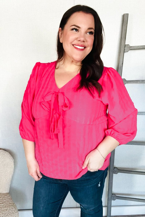 Stay With Me Pink V Neck Ribbon Bow Babydoll Woven Blouse - Coeur de la Mode