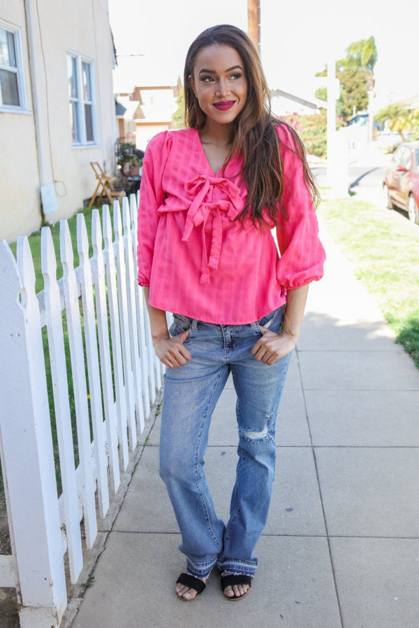 Stay With Me Pink V Neck Ribbon Bow Babydoll Woven Blouse - Coeur de la Mode