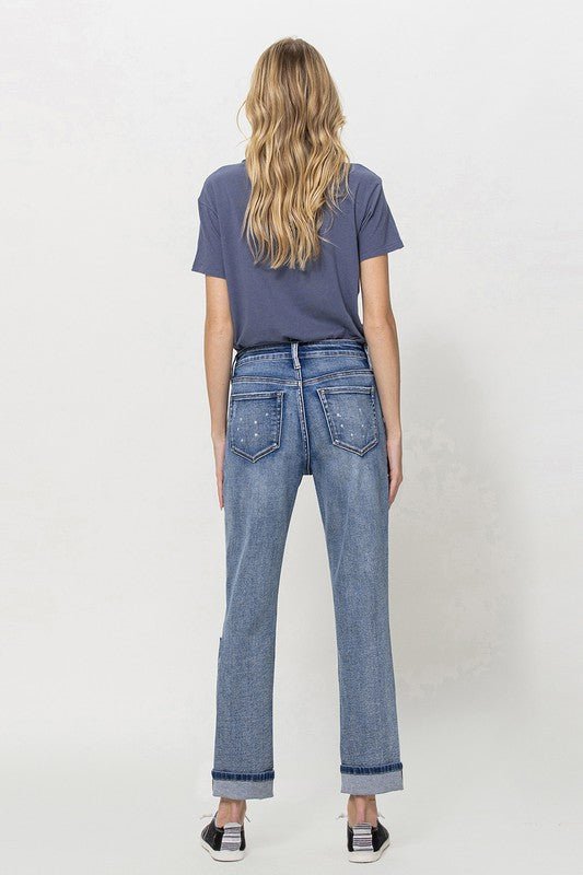 Stretch Mom Jeans w/ Spatter Detail and Cuff - Coeur de la Mode