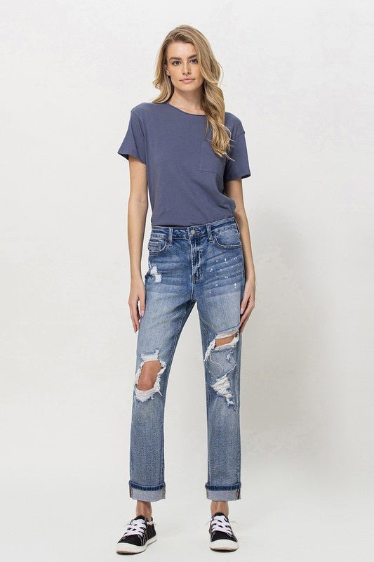 Stretch Mom Jeans w/ Spatter Detail and Cuff - Coeur de la Mode