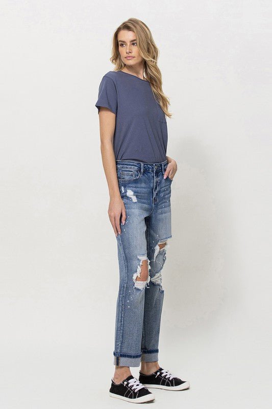 Stretch Mom Jeans w/ Spatter Detail and Cuff - Coeur de la Mode