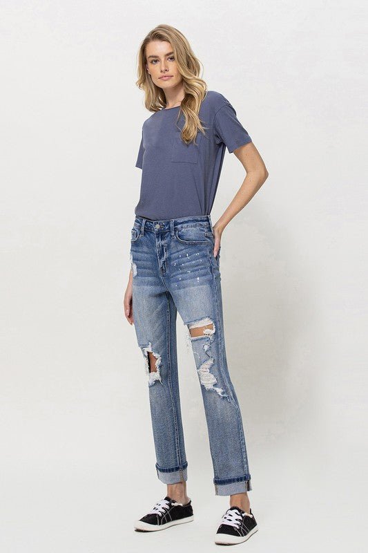 Stretch Mom Jeans w/ Spatter Detail and Cuff - Coeur de la Mode