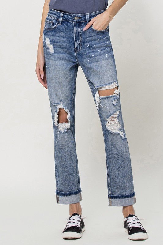 Stretch Mom Jeans w/ Spatter Detail and Cuff - Coeur de la Mode