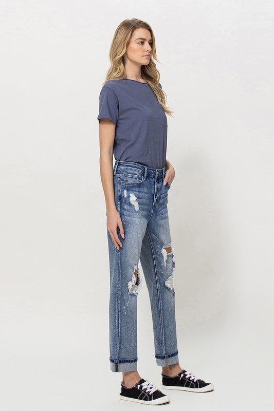 Stretch Mom Jeans w/ Spatter Detail and Cuff - Coeur de la Mode