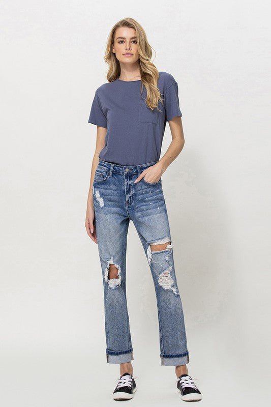 Stretch Mom Jeans w/ Spatter Detail and Cuff - Coeur de la Mode