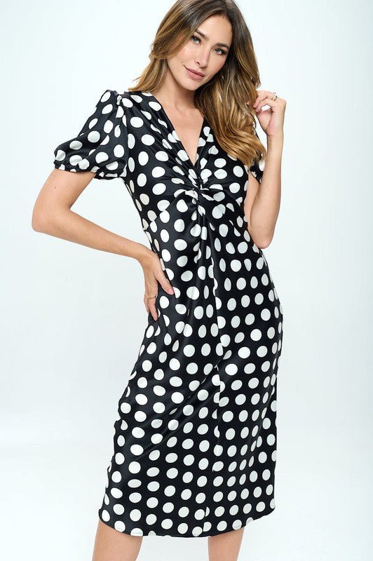 Stretch Satin Polka Dot Print Midi Dress - Coeur de la Mode