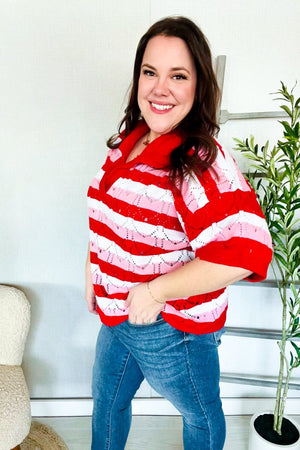 Sweetheart Ready Pointelle Collared Notch Neck Sweater - Coeur de la Mode