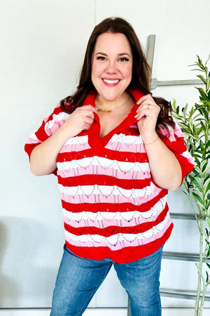 Sweetheart Ready Pointelle Collared Notch Neck Sweater - Coeur de la Mode