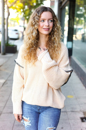 The Perfect Day Oatmeal Notched Neck Contrast Stitch Knit Hoodie - Coeur de la Mode