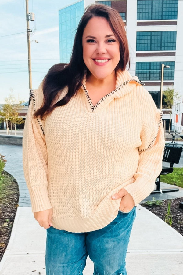 The Perfect Day Oatmeal Notched Neck Contrast Stitch Knit Hoodie - Coeur de la Mode