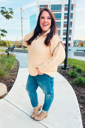 The Perfect Day Oatmeal Notched Neck Contrast Stitch Knit Hoodie - Coeur de la Mode