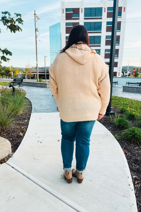 The Perfect Day Oatmeal Notched Neck Contrast Stitch Knit Hoodie - Coeur de la Mode
