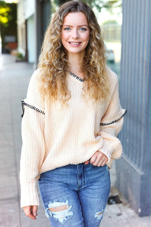 The Perfect Day Oatmeal Notched Neck Contrast Stitch Knit Hoodie - Coeur de la Mode
