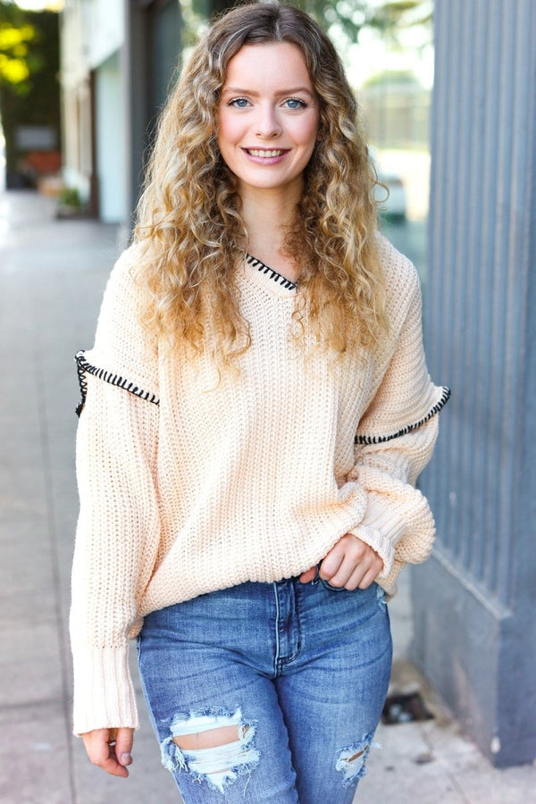 The Perfect Day Oatmeal Notched Neck Contrast Stitch Knit Hoodie - Coeur de la Mode