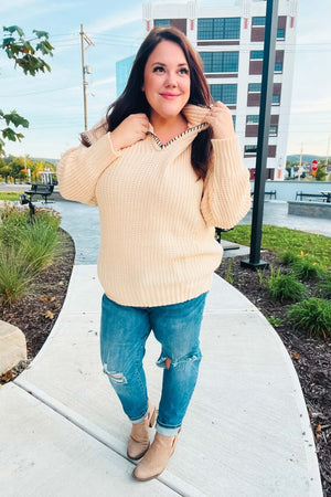 The Perfect Day Oatmeal Notched Neck Contrast Stitch Knit Hoodie - Coeur de la Mode
