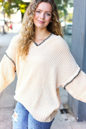 The Perfect Day Oatmeal Notched Neck Contrast Stitch Knit Hoodie - Coeur de la Mode