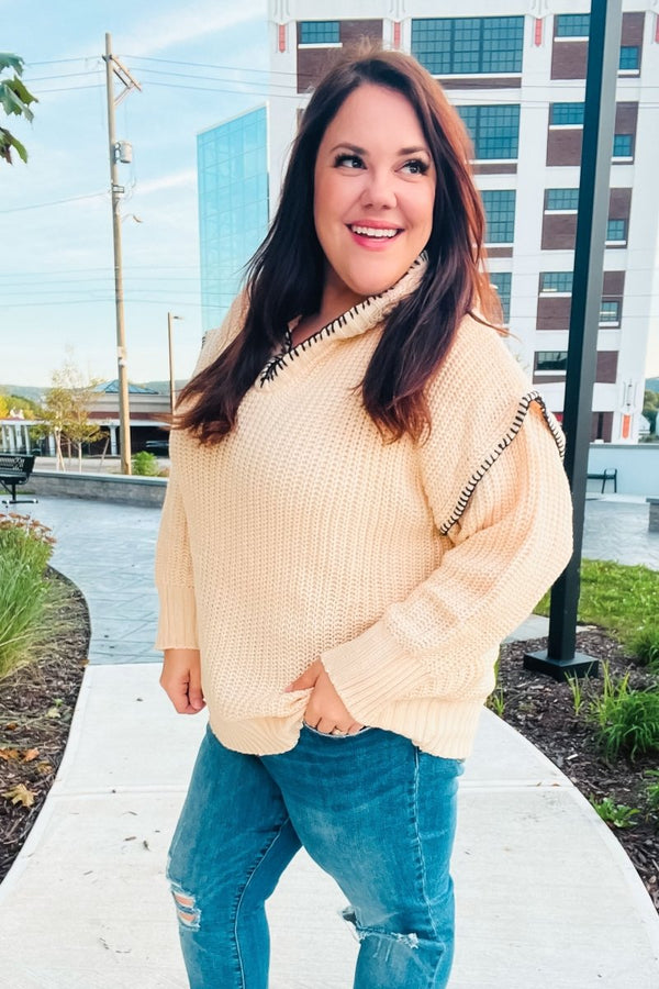 The Perfect Day Oatmeal Notched Neck Contrast Stitch Knit Hoodie - Coeur de la Mode