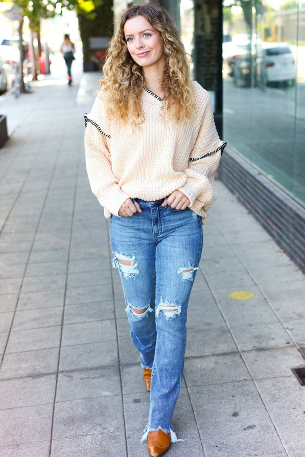 The Perfect Day Oatmeal Notched Neck Contrast Stitch Knit Hoodie - Coeur de la Mode
