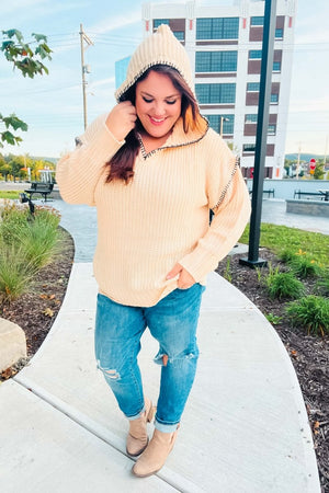 The Perfect Day Oatmeal Notched Neck Contrast Stitch Knit Hoodie - Coeur de la Mode