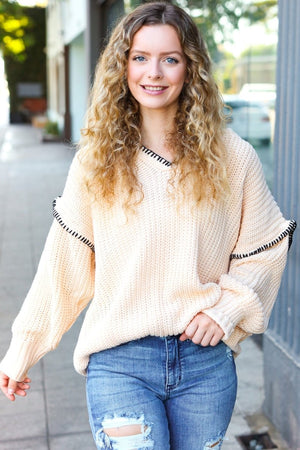 The Perfect Day Oatmeal Notched Neck Contrast Stitch Knit Hoodie - Coeur de la Mode